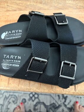 Taryn by Taryn Rose Women's Black Double Buckle Slide Sandals